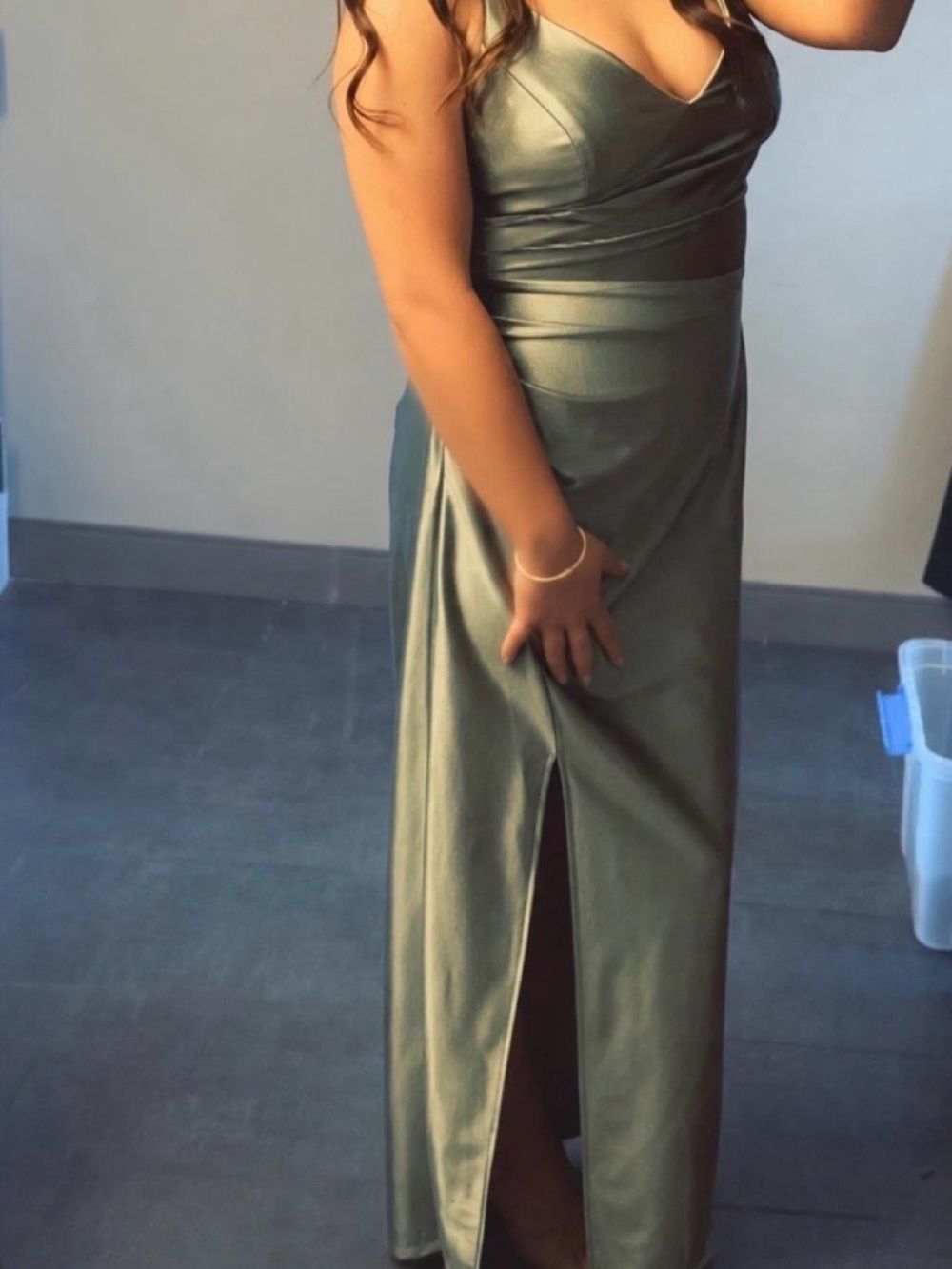 David's Bridal Satin Maxi Skirt in Olive Green with Side Slit